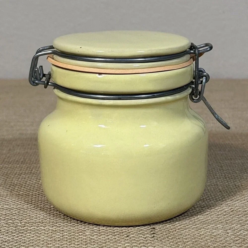 Stoneware Canister Yellow Pottery Wire Bale Fruit‎ Orange Leaf Signed Italy VTG